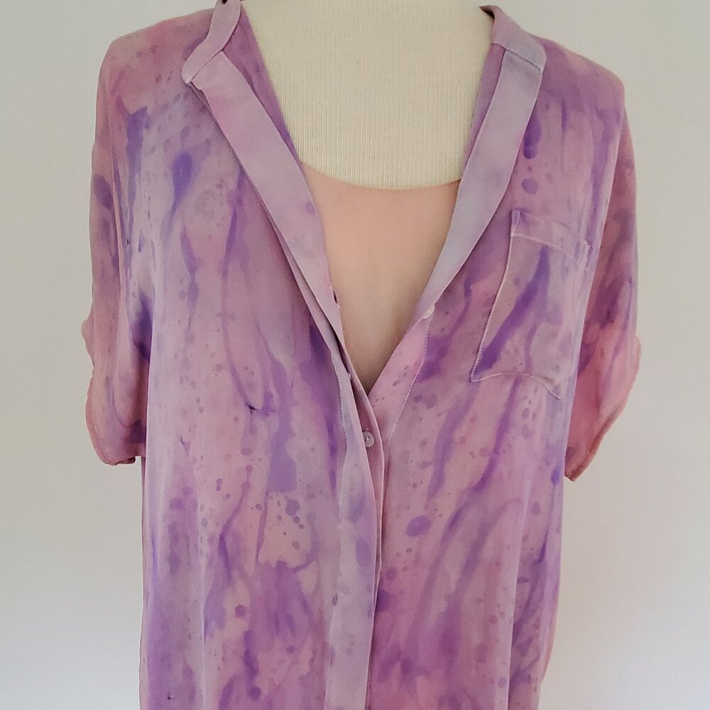Painted Vince Silk Popover button up blouse Shirt cap sleeve ivory pink purple L